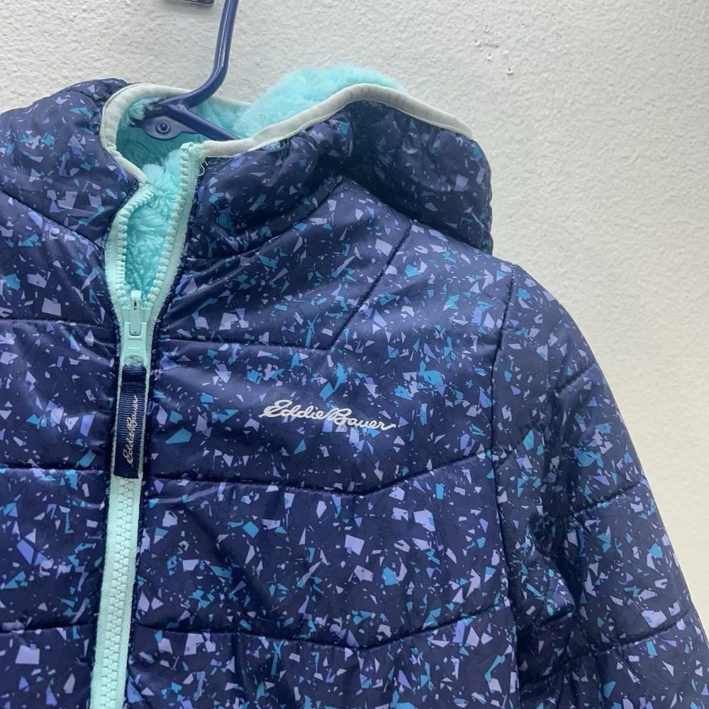 Eddie Bauer SZ 7/8 Reversible Puffer Coat Sherpa plush Hooded Winter Jacket Warm
